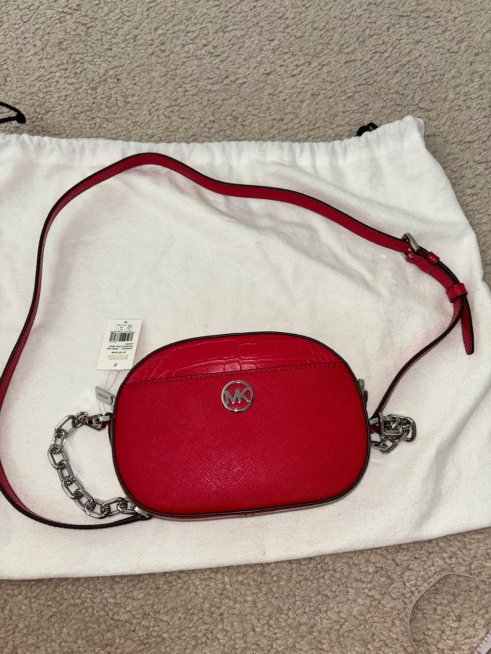 Michael Kors Red Leather Crossbody with Chain Detail